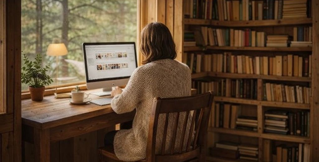 Person reading at a cozy book-lined desk with warm natural light
